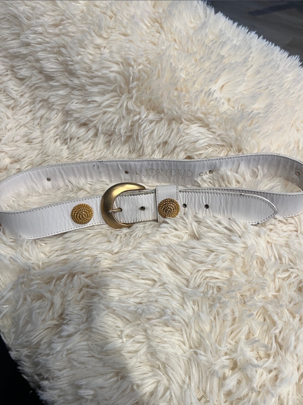 Joan & David White Leather Belt with Gold Medallion Accents